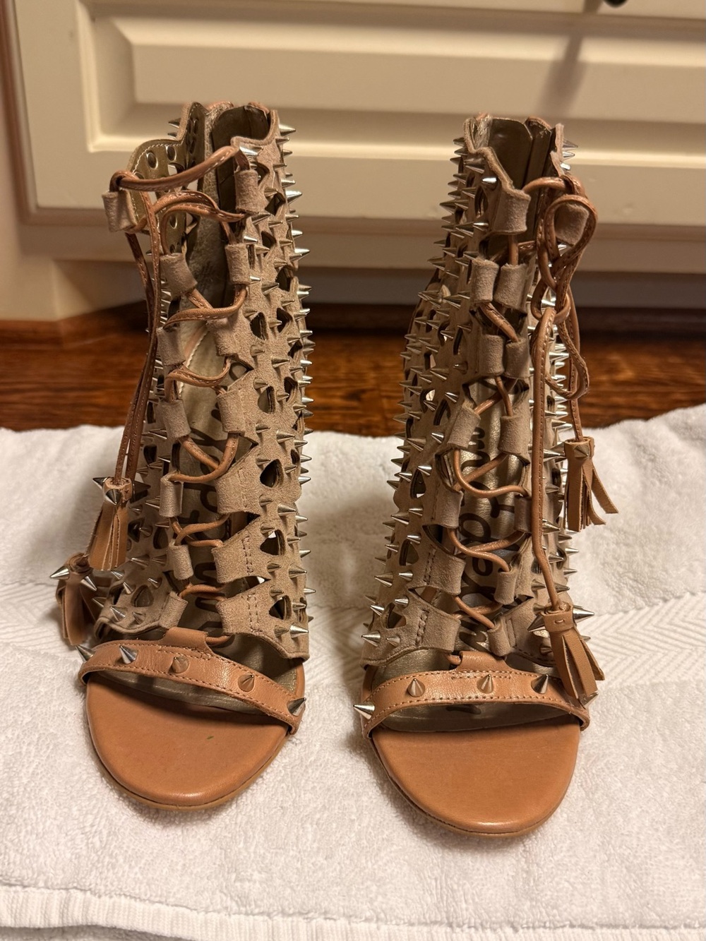 Sam Edelman Tan Studded Lace-Up Open-Toe Heels